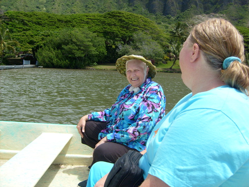 Aunt June and Lois enjoying the fishpond tour
