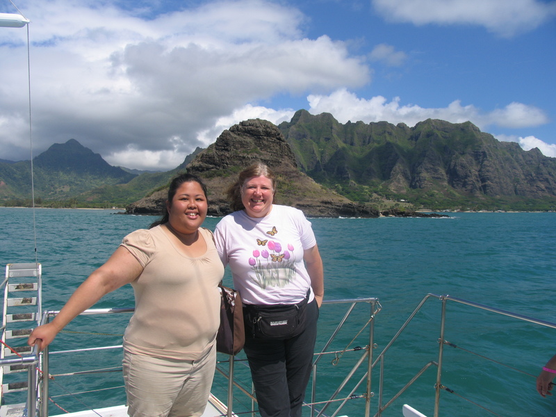 Anne Marie & Lois with Chinaman's Hat in the background.