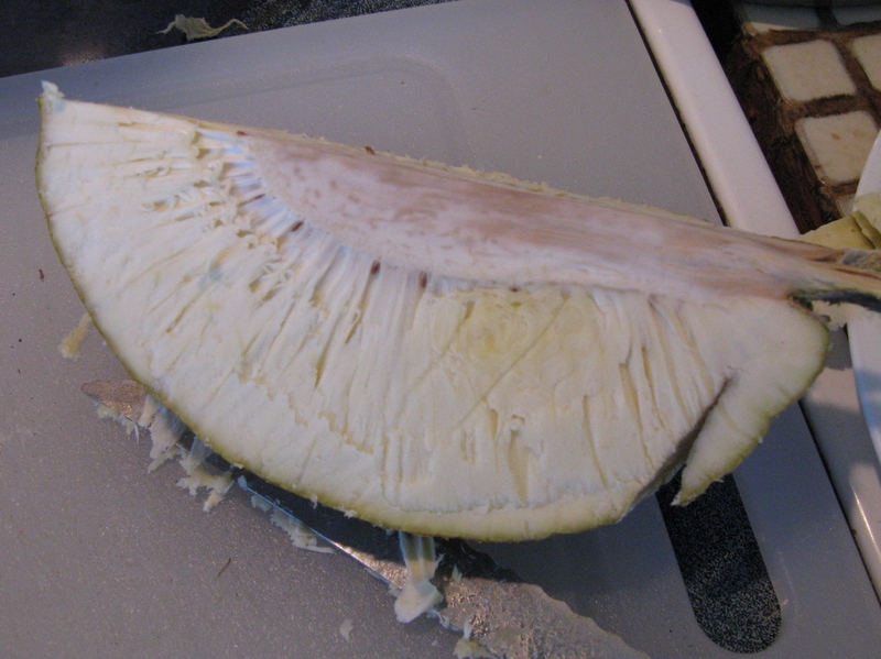 Here's what the breadfruit looks like after it's cooked and cut open. I take out that "core" part and the peelings.