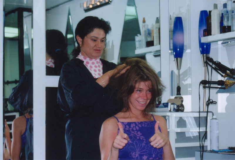 Rachel gets her hair done.