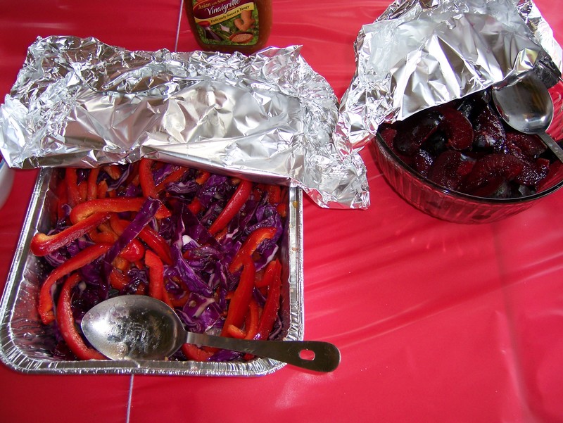 Sesame Ginger Red Peppers and Purple Cabbage Salad & Plums