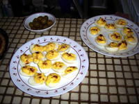 Deviled Eggs were provided by Isaac (Eggs, Mayo, Mustard, Papirica).  Spanish Olives from a jar.