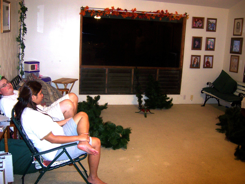 Nov 25: We brought up the tree and laid it out in the living room.  Dan and Ann.