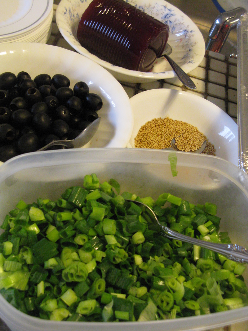 Cranberry Sauce, Olives, Sesame seeds, and Green Onions.