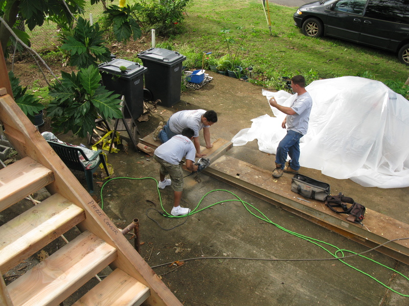 Oops, we forgot to put the top step in before we raised the stairs.
