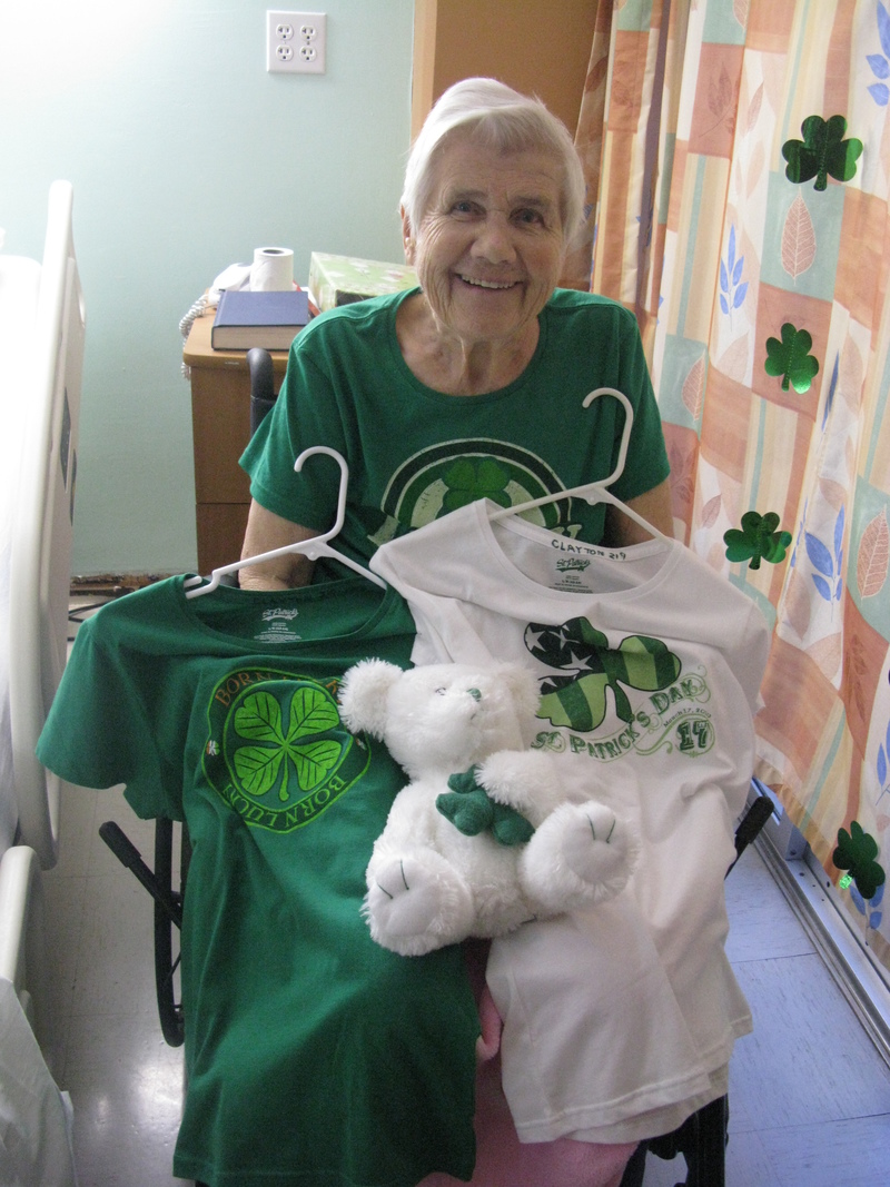 Here are three shirts and a bear that Coltons gave her for March.
