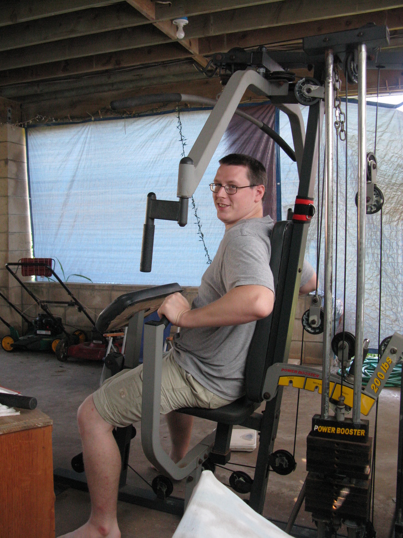 The other "toy" we play with is this exercise gym which we've used since July. Ben likes to set it to "heavy" and add another 25 or more pounds. :-0