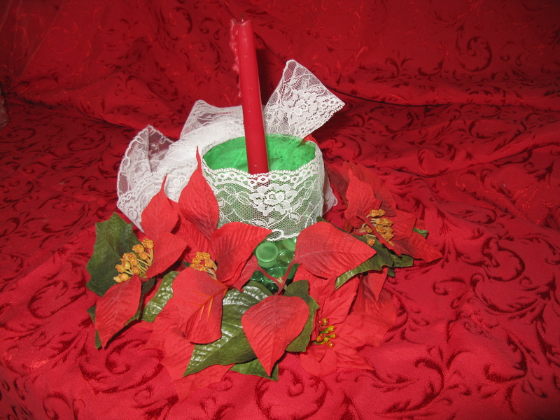 Any size ribbons or bows,leaves, or ornaments. it makes a recyclable centerpiece.