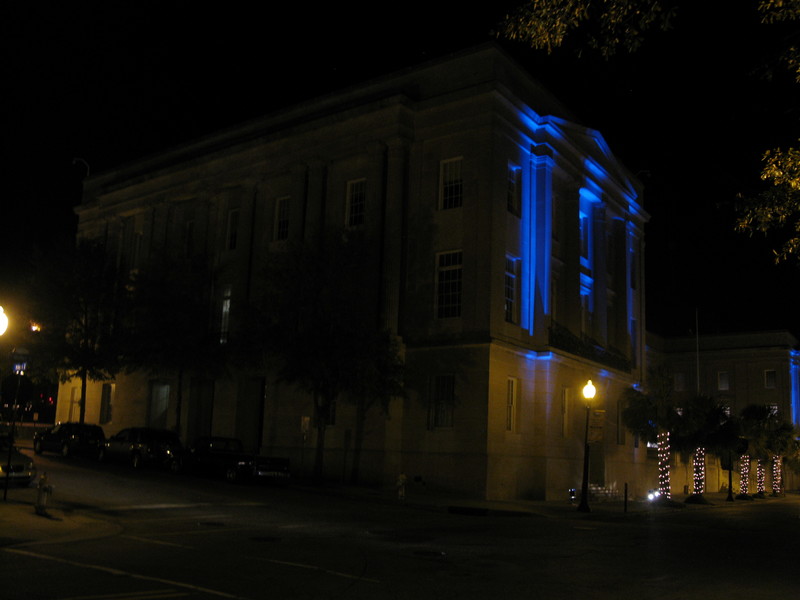 This is a very large courthouse that was used in Matlock, and this night it had blue lights on it, as they were filming. It seems that Wilmington is home to the second largest motion picture studio in the US.