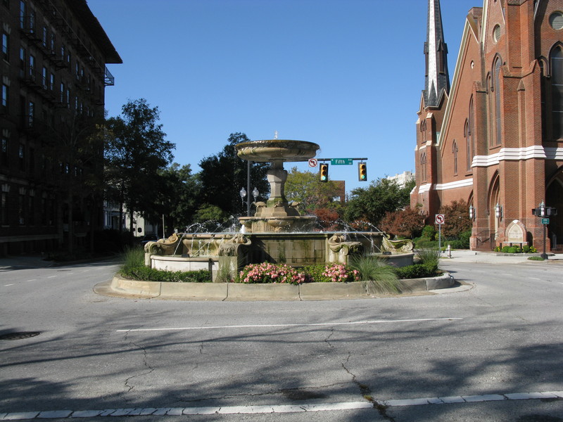 Fountain in the street next to the Bellamy Manion.