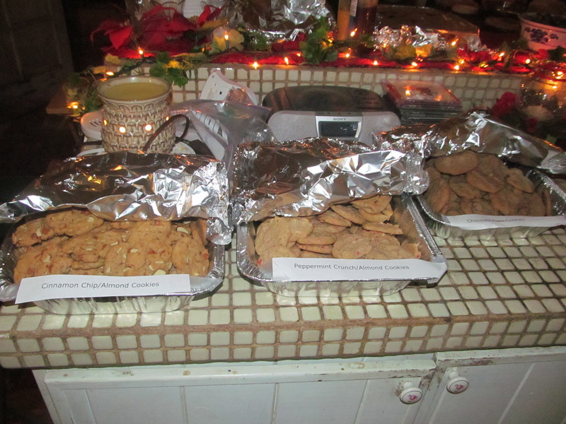 I made four kinds of cookies: chocolate-date, peppermint-almond slices, cinnamon chips-almond slices, and peanut butter chips-chocolate chip.