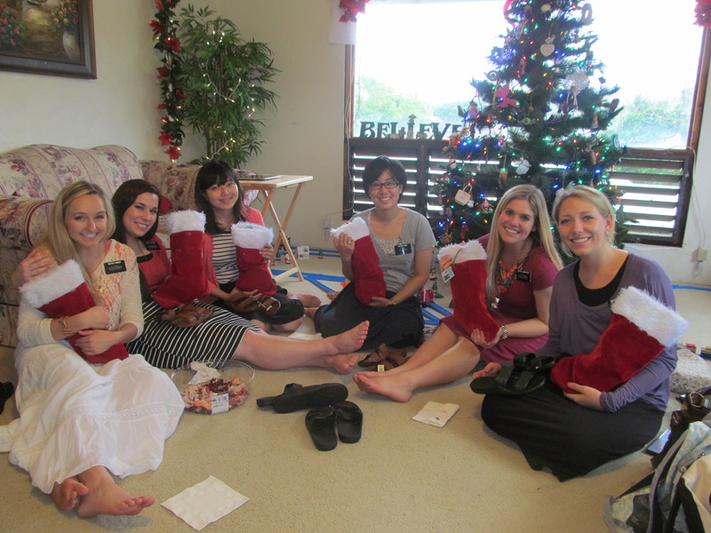 Sister Missionaries with the stockings that we gave them.L.r: Sister Annen, Sister Bowser, Sister Chin, Sister Fong, Sister Johnston, Sister McKinney. Two were from my 6th ward, and two were from Cindy's 2nd ward, and one of the other two were in my ward in November when we planned it all. :-)