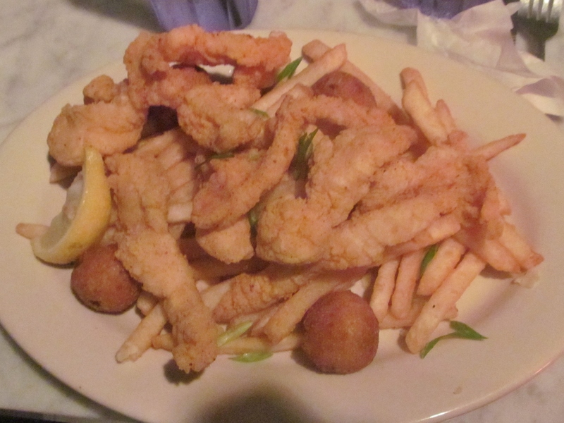 Lois: Battered and Deep Fried Catfish, fries, and hush puppies.