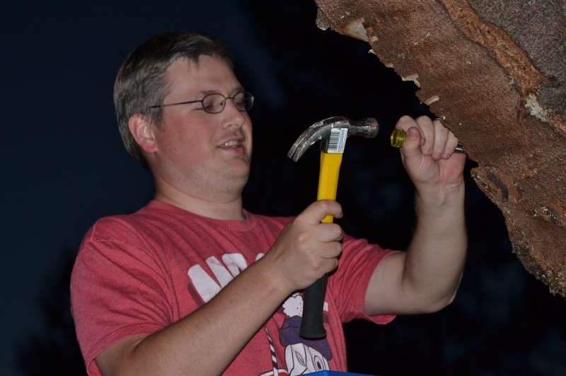 Daniel wields a chisel. Treehouse.