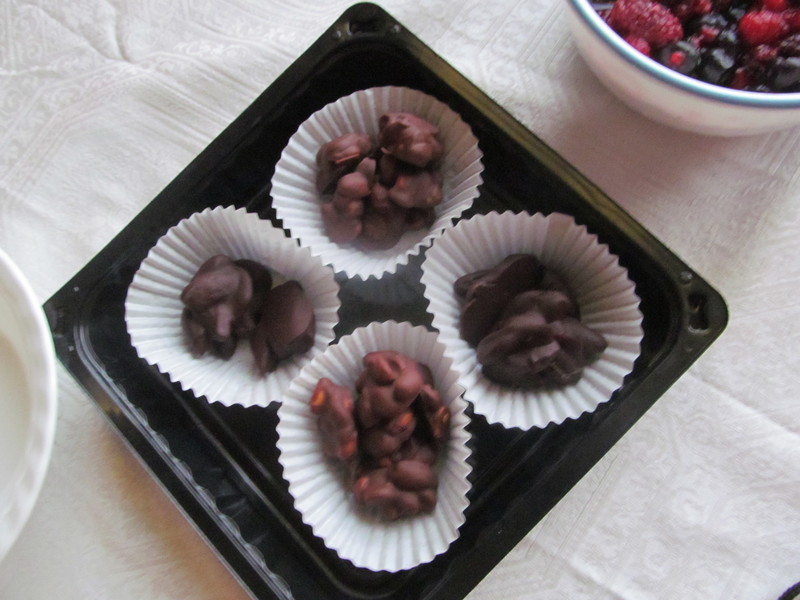 Milk Chocolate covered peanuts and Dark Chocolate covered almonds that I made. We also had strawberry ice cream with three berries on top, and whipped cream if you wished. You can see a little of the berries. It was super good.