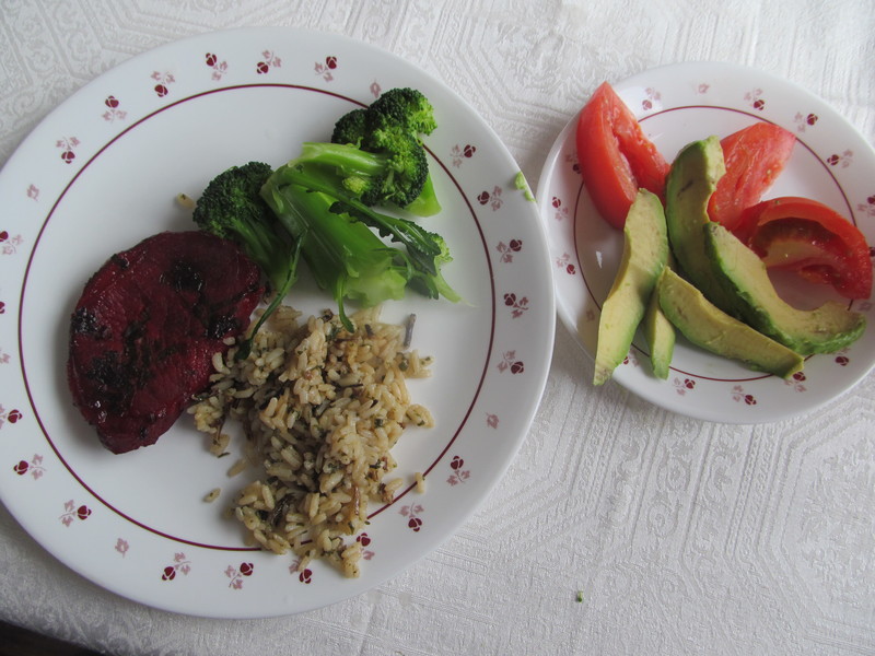 Char Su, Broccoli, Wild Rice, Avocados, and Salmon.