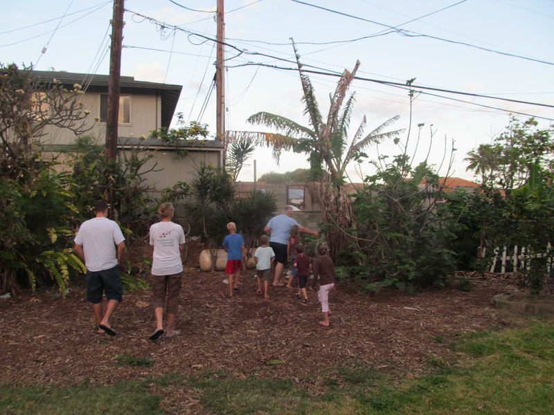 We invited the Merryweathers and the Marcums over for our "cut the banana plant down party."