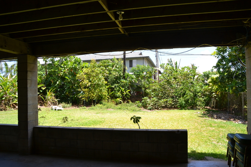 The view from the lanai eastward into the back yard. Chickens are wild.