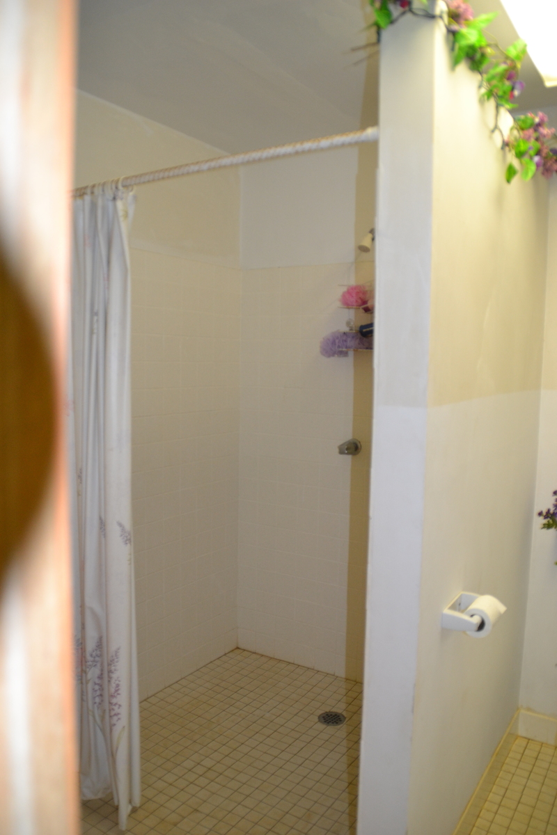 The shower is a "walk in". There is also a bench, and a plastic tower with drawers for your belongings.