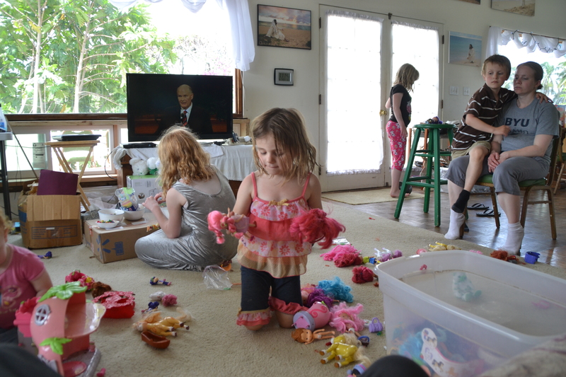 I also got out my Strawberry Shortcake collection to give hands something to do while listening. It is good to have them played with again.