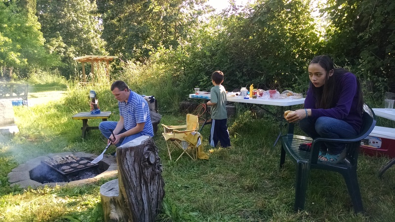 Joseph cooked ribs, burgers, and hot dogs.