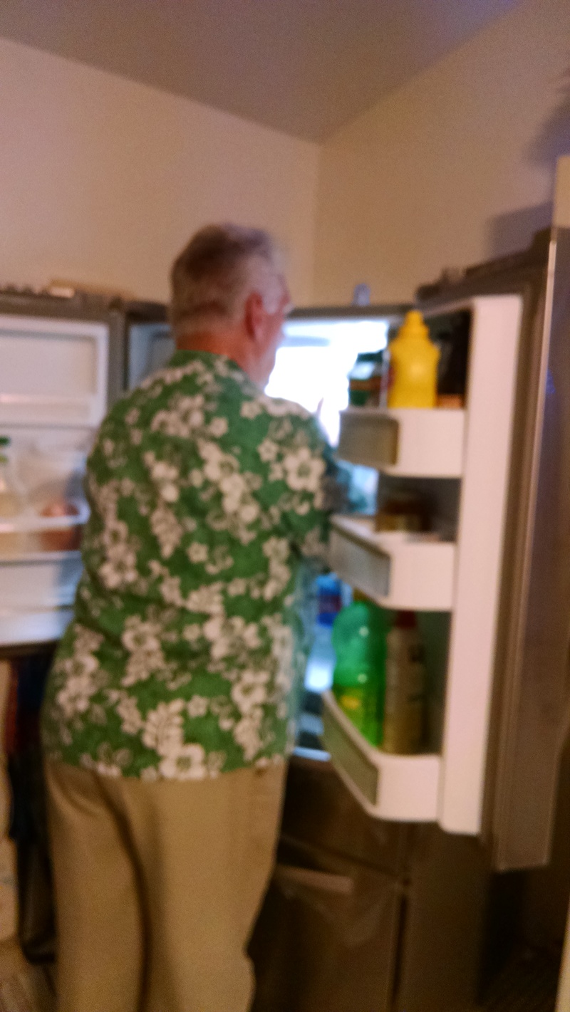 Don is having fun organizing the fridge after we moved food back into it.