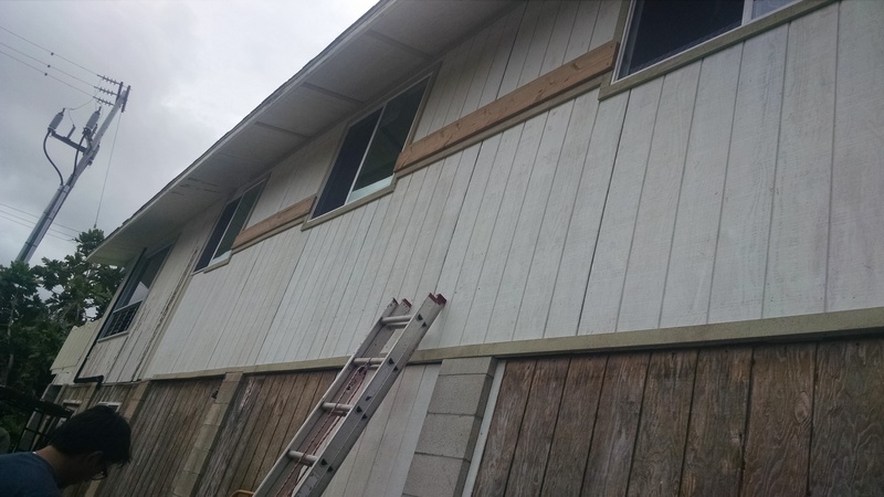 The South side of the house made great improvements with siding replacements, and T1-11 coverage, and new windows.