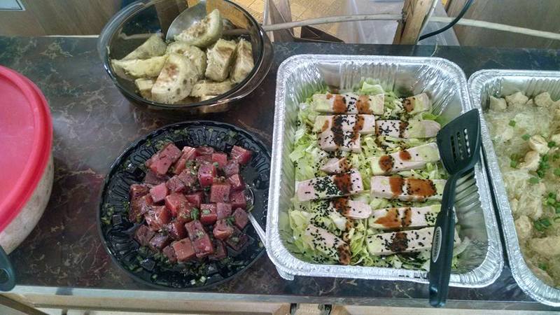 White yam, Ahi poke, Ahi/Tuna with sauces and black sesame seeds. Made by Lois