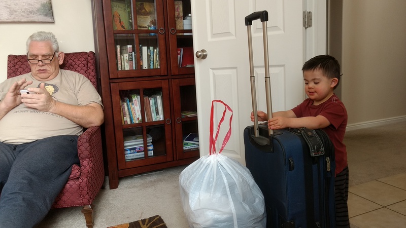 Exploring Grandpa's luggage while he's looking at his phone.
