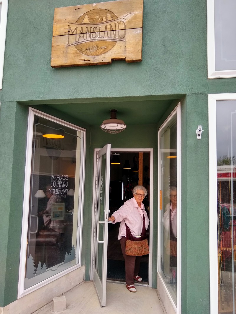 Mansland store for the tired men to hang out in. Forward thinking. Connie checking it out. We