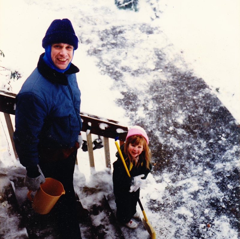 Stacia and Don cleaning the steps and walk at our home in Bothell, WA. 14140 101st Pl. NE, 1990-1991 approx