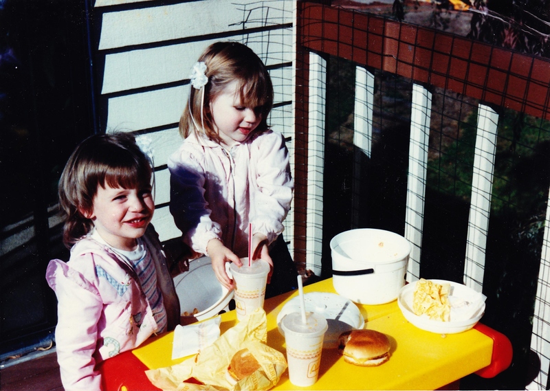 Lauren Hunt and Stacia Colton eating on the back deck in WA.