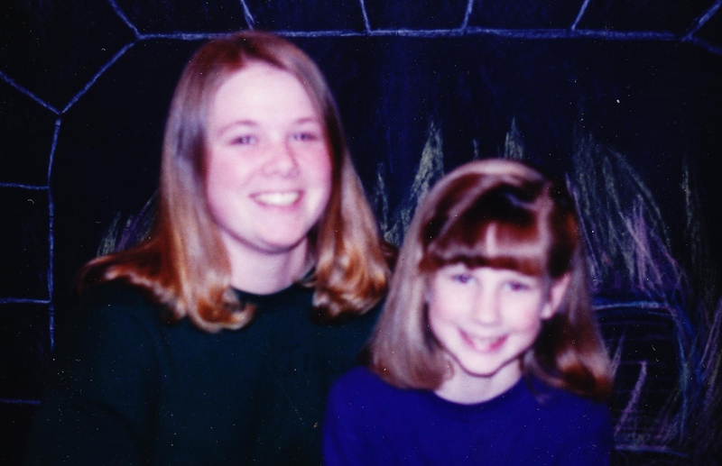 Larissa and Stacia sitting in front of the "fireplace" in Oregon